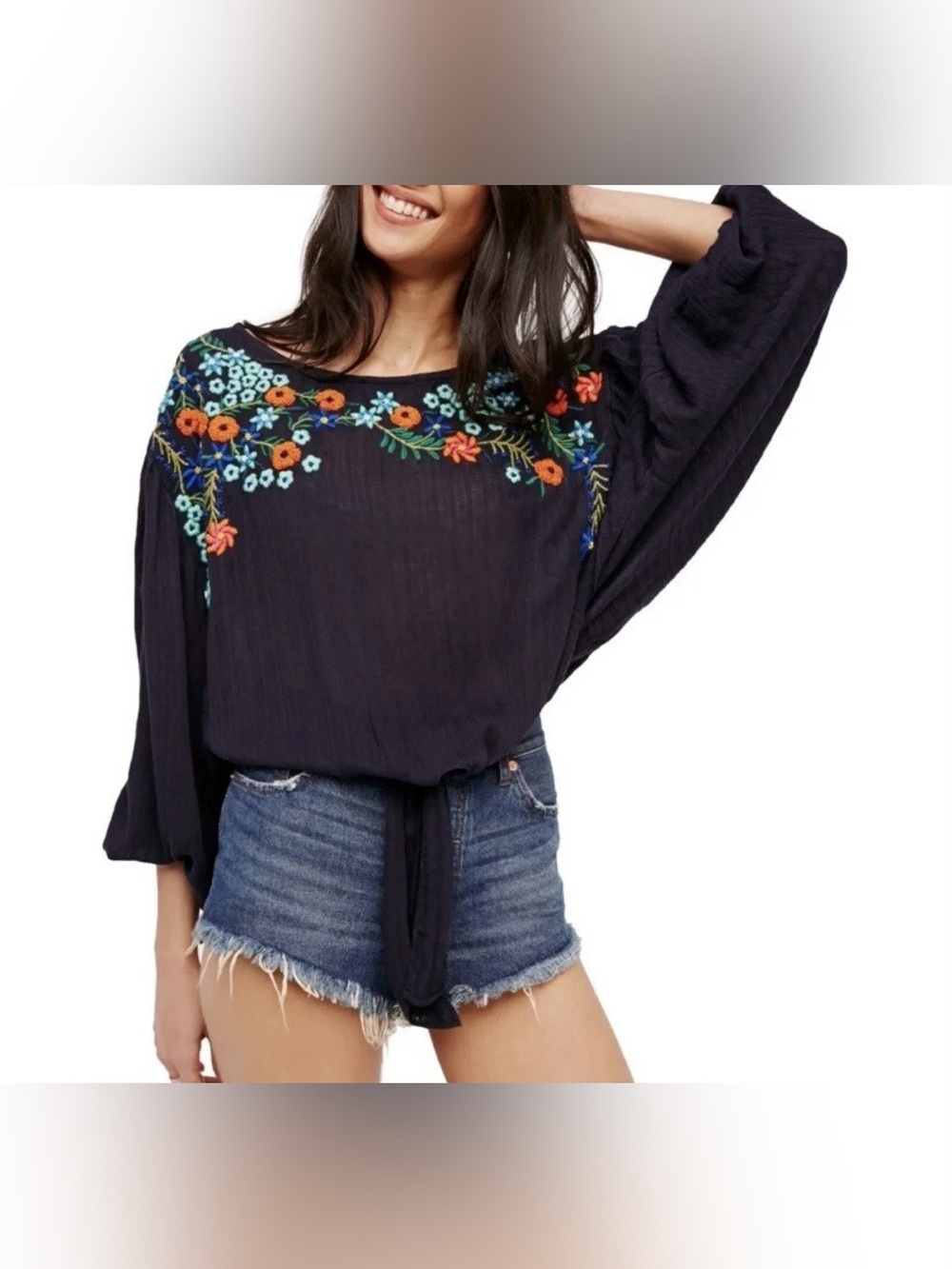 Free People Up and Away Embroidered Floral Top Blouse Size XS Peasant Boho Chic